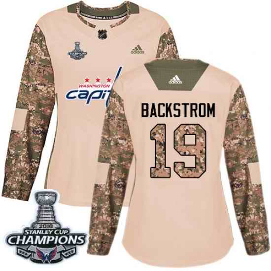 Adidas Capitals #19 Nicklas Backstrom Camo Authentic 2017 Veterans Day Stanley Cup Final Champions Womens Stitched NHL Jersey